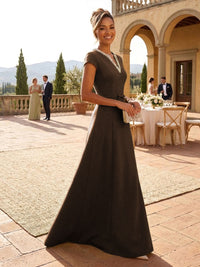 A-Line Satin V-Neck Rhinestones Floor-Length Formal Dresses