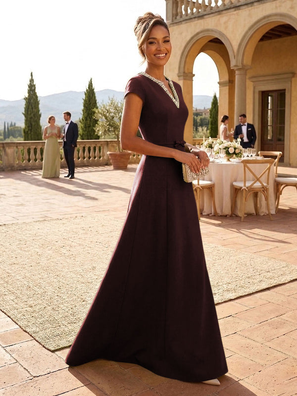 A-Line Satin V-Neck Pearls Floor-Length Formal Dresses