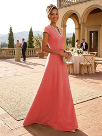 A-Line Satin V-Neck Rhinestones Floor-Length Formal Dresses