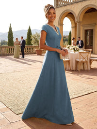 A-Line Satin V-Neck Rhinestones Floor-Length Formal Dresses