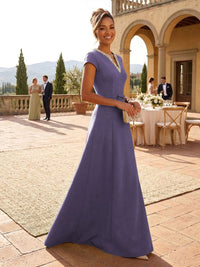 A-Line Satin V-Neck Rhinestones Floor-Length Formal Dresses