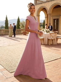 A-Line Satin V-Neck Rhinestones Floor-Length Formal Dresses