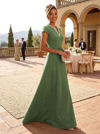 A-Line Satin V-Neck Rhinestones Floor-Length Formal Dresses