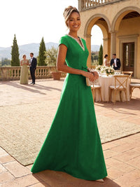 A-Line Satin V-Neck Rhinestones Floor-Length Formal Dresses