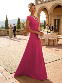 A-Line Satin V-Neck Rhinestones Floor-Length Formal Dresses