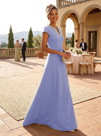 A-Line Satin V-Neck Rhinestones Floor-Length Formal Dresses