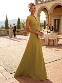 A-Line Satin V-Neck Rhinestones Floor-Length Formal Dresses