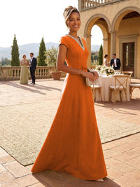 A-Line Satin V-Neck Rhinestones Floor-Length Formal Dresses