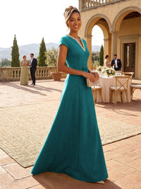 A-Line Satin V-Neck Rhinestones Floor-Length Formal Dresses