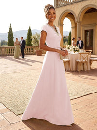 A-Line Satin V-Neck Rhinestones Floor-Length Formal Dresses