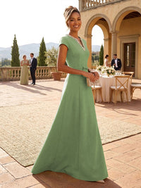 A-Line Satin V-Neck Rhinestones Floor-Length Formal Dresses