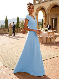 A-Line Satin V-Neck Rhinestones Floor-Length Formal Dresses