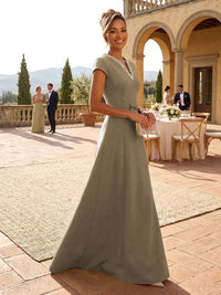 A-Line Satin V-Neck Rhinestones Floor-Length Formal Dresses