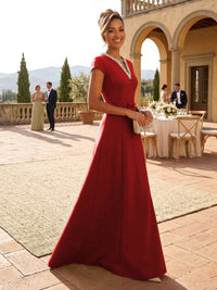 A-Line Satin V-Neck Rhinestones Floor-Length Formal Dresses
