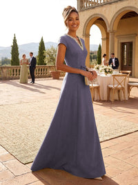 A-Line Satin V-Neck Rhinestones Floor-Length Formal Dresses