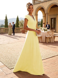 A-Line Satin V-Neck Rhinestones Floor-Length Formal Dresses