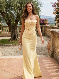Sheath Strapless Satin Maxi Formal Dresses with 3D Flower Bodice