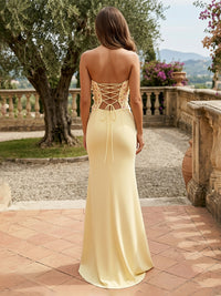 Sheath Strapless Satin Maxi Formal Dresses with 3D Flower Bodice