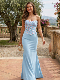 Sheath Strapless Satin Maxi Formal Dresses with 3D Flower Bodice