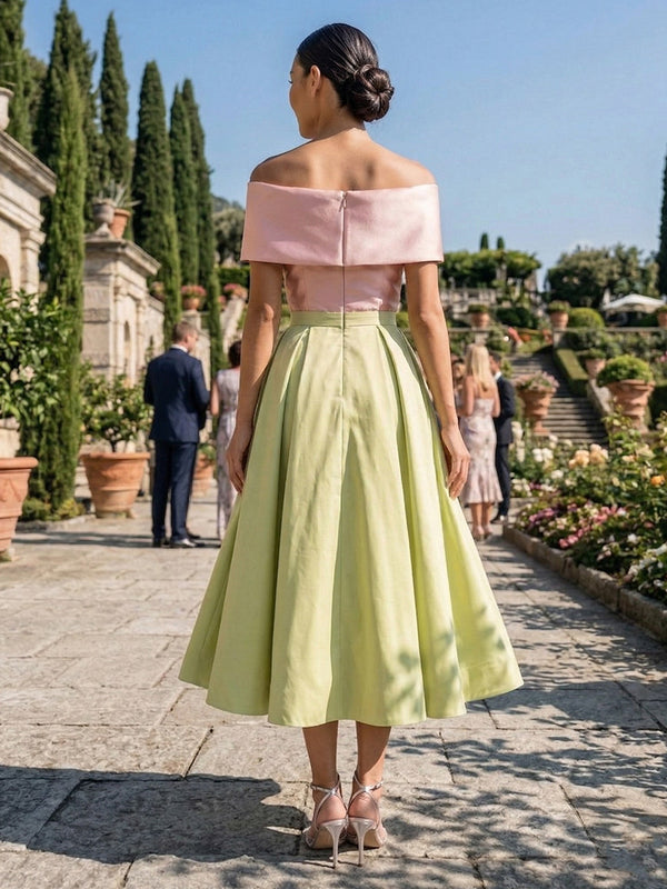 A-Line Satin Off Shoulder Tea-Length Mixed Color Formal Dresses