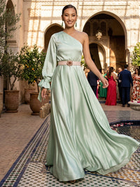 Elegant A-Line Satin One Shoulder Floor-Length Formal Dresses