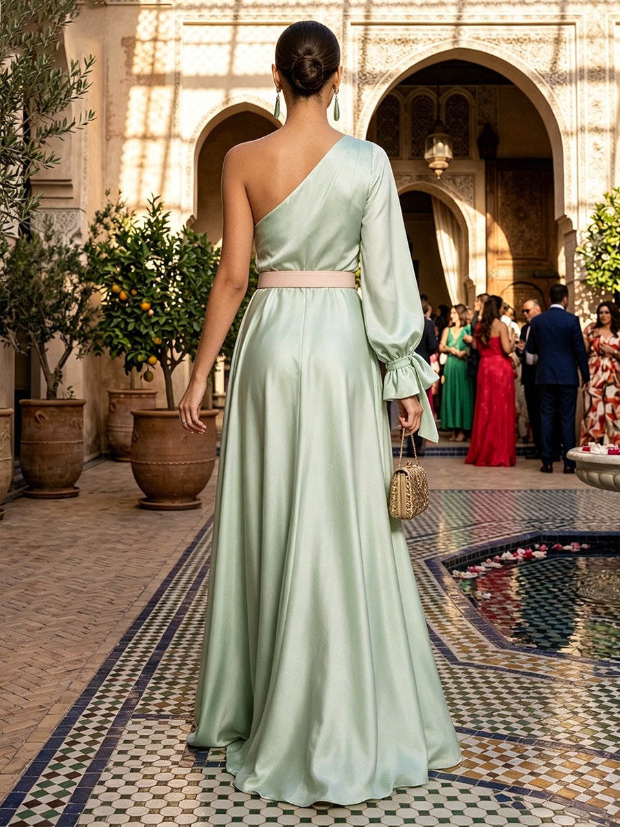 Elegant A-Line Satin One Shoulder Floor-Length Formal Dresses
