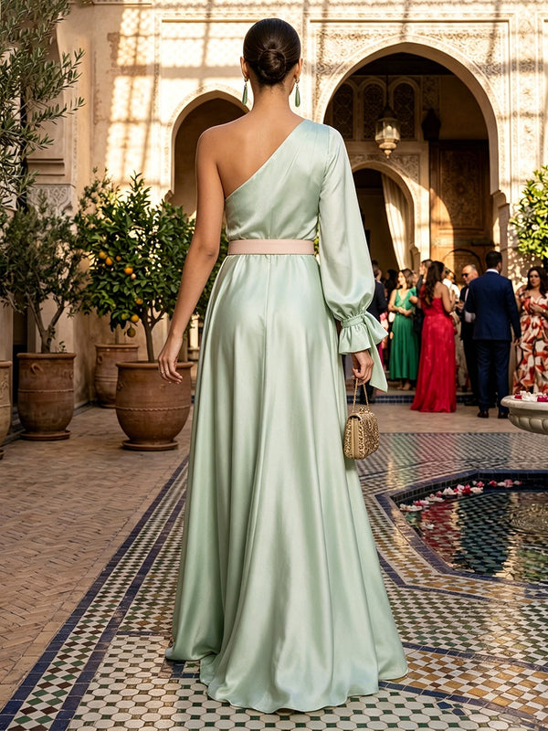 Elegant A-Line Satin One Shoulder Floor-Length Formal Dresses