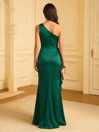 Sheath One Shoulder Satin Floor-Length Ruched Corset Formal Dresses with Ruffles Waist