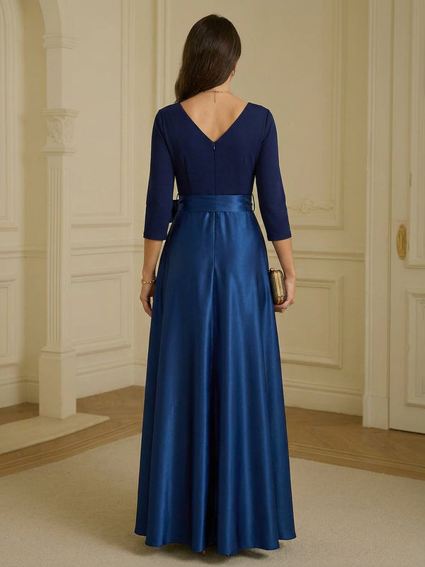 A-Line V-Neck 3/4 Sleeves Satin Floor-Length Formal Dresses with Bow Belt