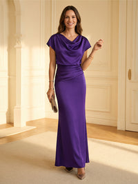 Sheath Cowl Neck Satin Floor-Length Formal Dresses with Ruched Waist