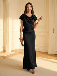 Sheath Cowl Neck Satin Floor-Length Formal Dresses with Ruched Waist