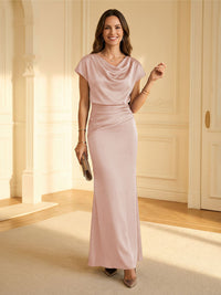 Sheath Cowl Neck Satin Floor-Length Formal Dresses with Ruched Waist