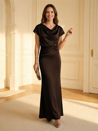 Sheath Cowl Neck Satin Floor-Length Formal Dresses with Ruched Waist
