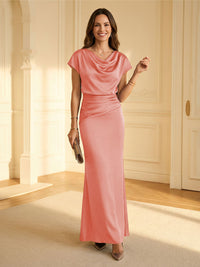 Sheath Cowl Neck Satin Floor-Length Formal Dresses with Ruched Waist