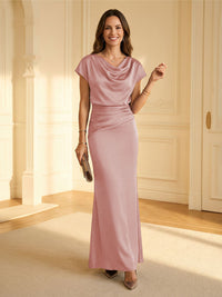 Sheath Cowl Neck Satin Floor-Length Formal Dresses with Ruched Waist