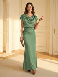 Sheath Cowl Neck Satin Floor-Length Formal Dresses with Ruched Waist