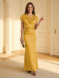 Sheath Cowl Neck Satin Floor-Length Formal Dresses with Ruched Waist