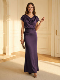 Sheath Cowl Neck Satin Floor-Length Formal Dresses with Ruched Waist