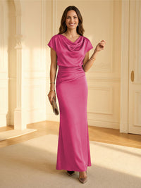 Sheath Cowl Neck Satin Floor-Length Formal Dresses with Ruched Waist