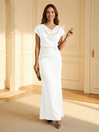 Sheath Cowl Neck Satin Floor-Length Formal Dresses with Ruched Waist