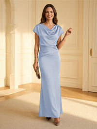 Sheath Cowl Neck Satin Floor-Length Formal Dresses with Ruched Waist