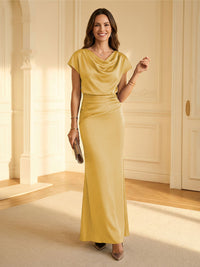 Sheath Cowl Neck Satin Floor-Length Formal Dresses with Ruched Waist