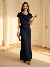 Sheath Cowl Neck Satin Floor-Length Formal Dresses with Ruched Waist