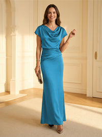 Sheath Cowl Neck Satin Floor-Length Formal Dresses with Ruched Waist