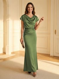 Sheath Cowl Neck Satin Floor-Length Formal Dresses with Ruched Waist
