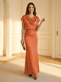 Sheath Cowl Neck Satin Floor-Length Formal Dresses with Ruched Waist