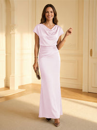 Sheath Cowl Neck Satin Floor-Length Formal Dresses with Ruched Waist