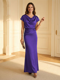 Sheath Cowl Neck Satin Floor-Length Formal Dresses with Ruched Waist