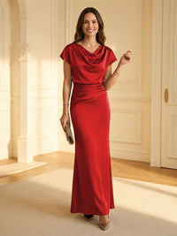 Sheath Cowl Neck Satin Floor-Length Formal Dresses with Ruched Waist