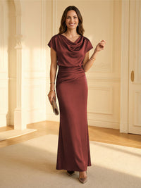 Sheath Cowl Neck Satin Floor-Length Formal Dresses with Ruched Waist
